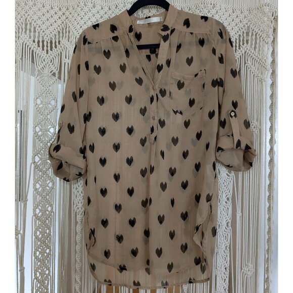 Fun 2 Fun Tan Heart Print Blouse - Picture 2 of 11